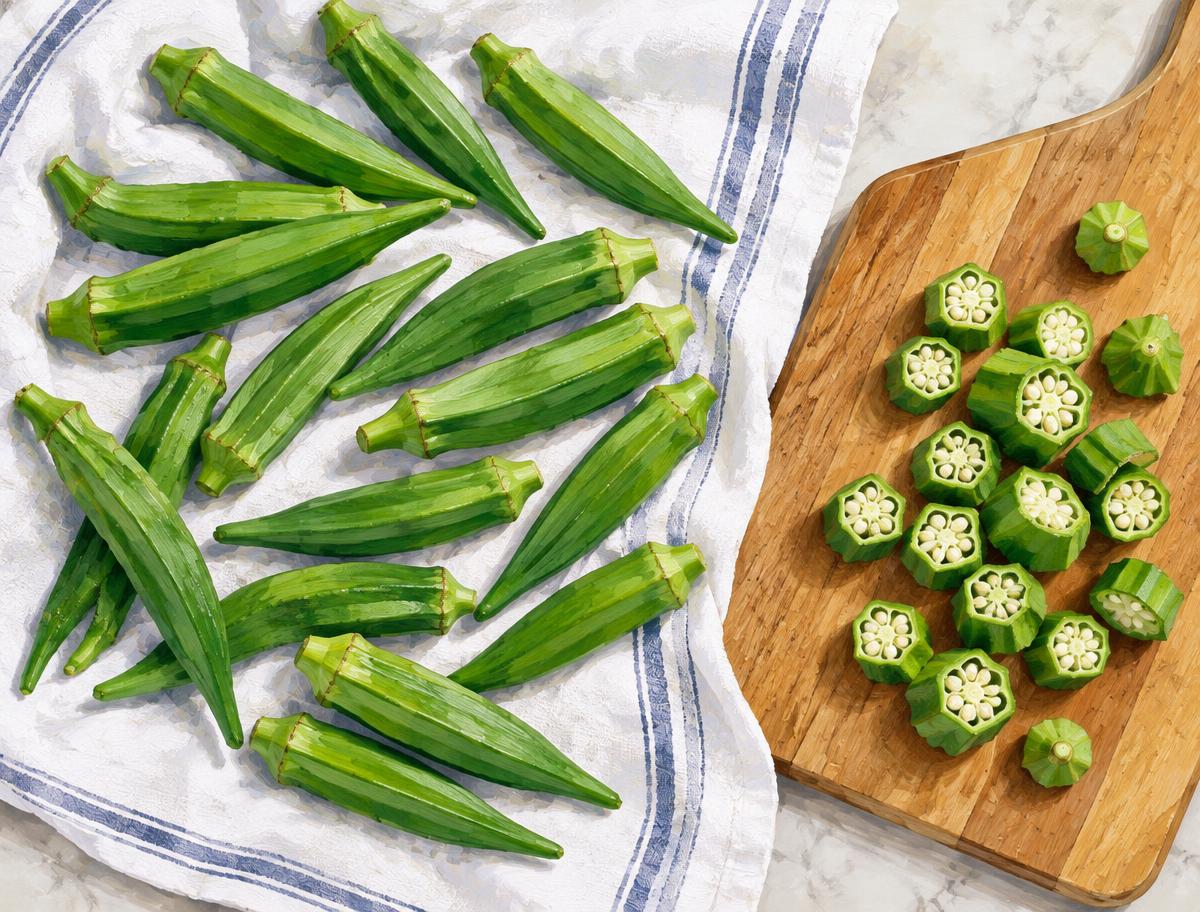 Temporary AI illustration: whole okra drying on a tea towel and cut okra on a board