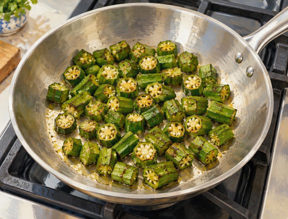 Temporary AI illustration: cut okra frying in a wide pan before adding onions or tomatoes