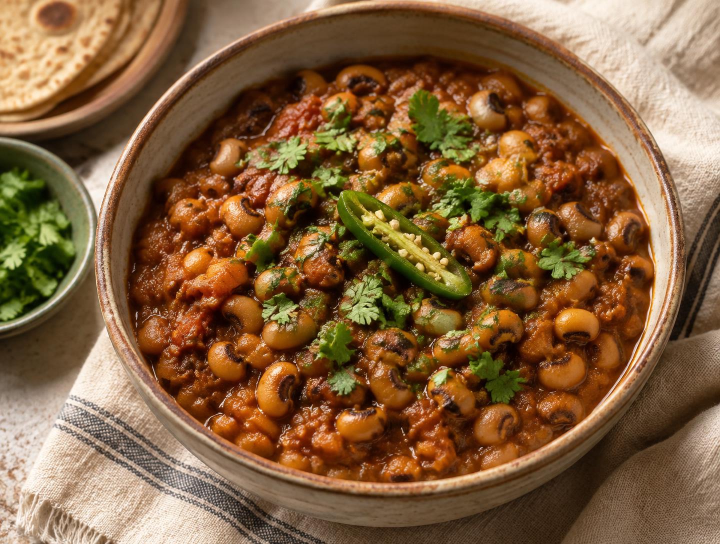 A bowl of mild Pakistani lobia served with taway ki roti
