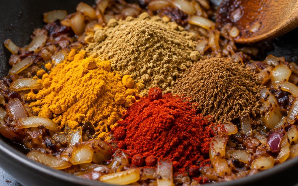 Water and ground spices stirred into browned onions