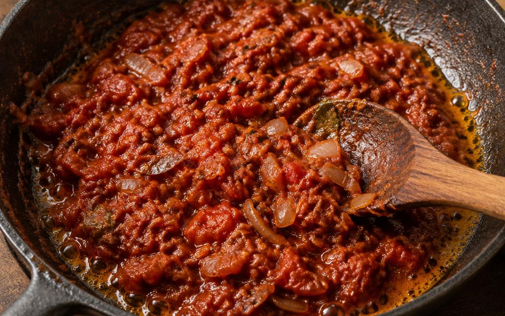 Black-eyed peas coated in concentrated onion and spice masala with little free liquid