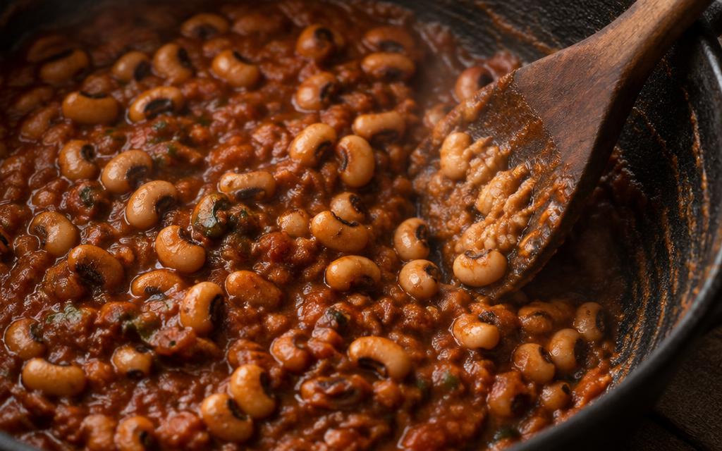 Tomatoes being stirred through the lobia and masala