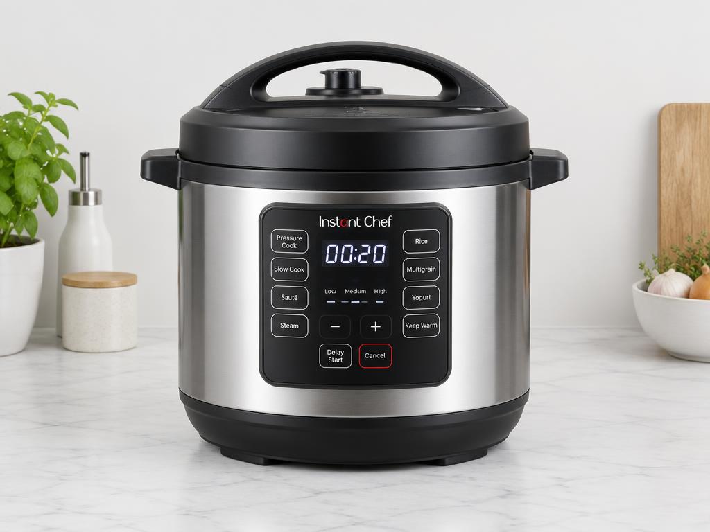 Stainless steel multi-cooker on a kitchen worktop