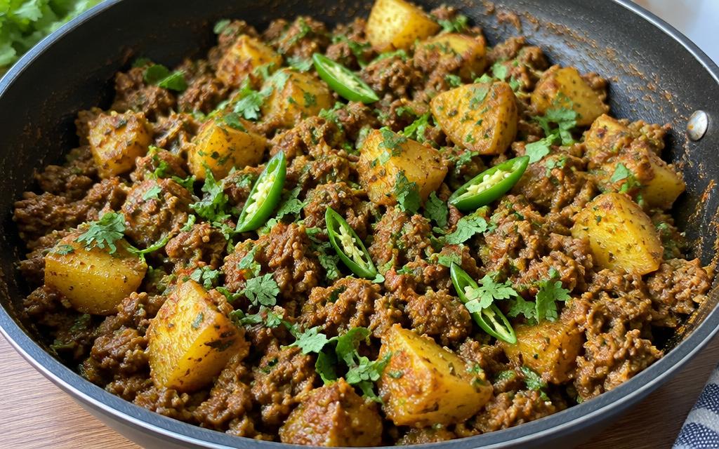 Finished aaloo qeema showing the correct moist but not saucy texture