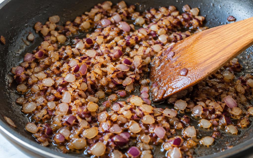 Finely chopped red onions fried to a proper golden-brown