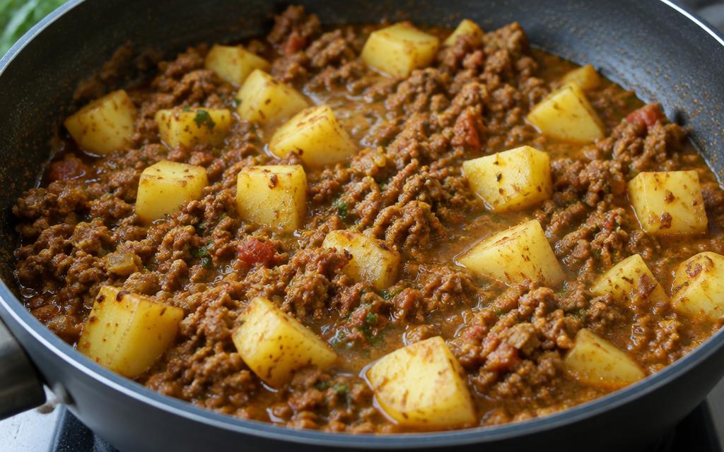 Cubed potatoes stirred through the mince masala with a little water