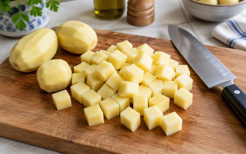 Peeled potatoes cut into even cubes on a wooden board