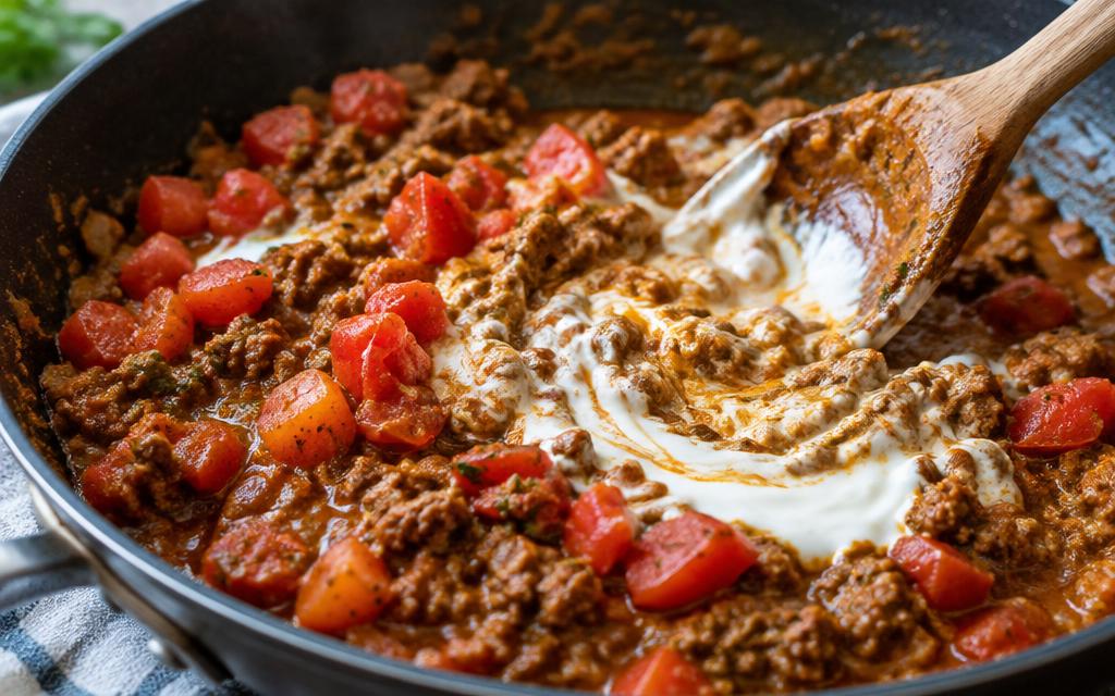 Chopped tomatoes and yoghurt being stirred into the spiced mince